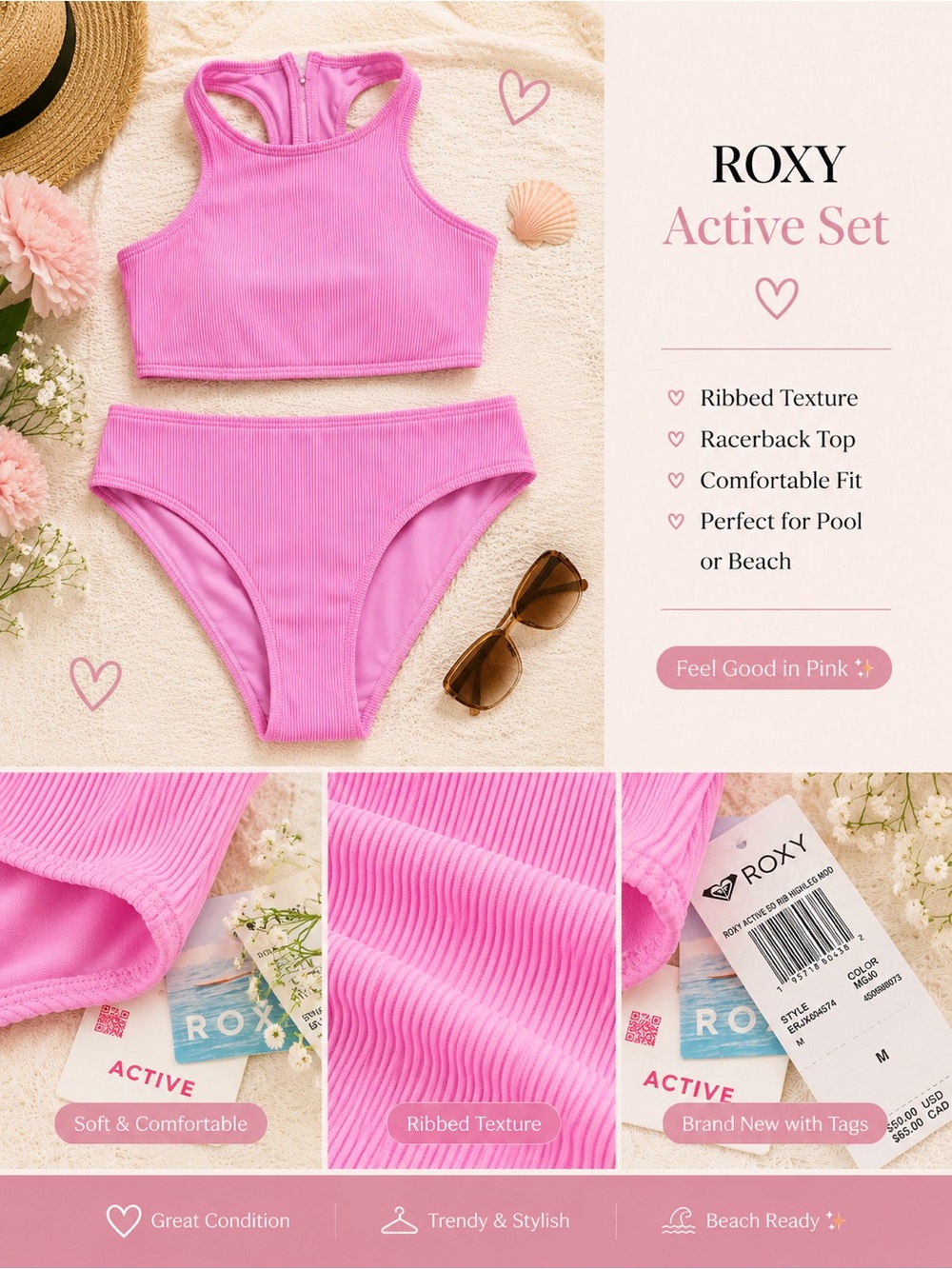 NWT Roxy Active Ribbed Racerback Bikini Set -Read Description!